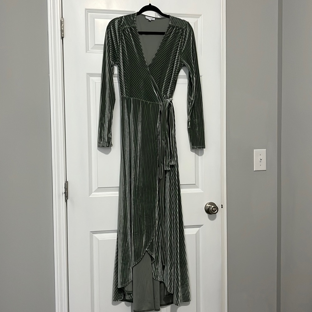 Baltic Born sage green long sleeve velvet maxi wrap dress